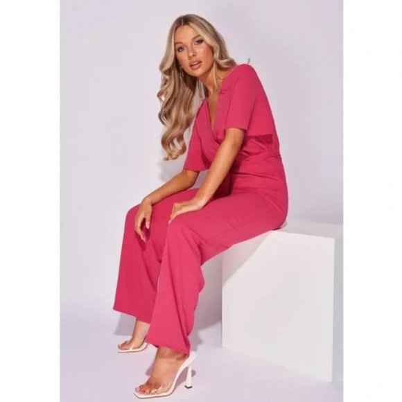 Pink Short Sleeve V-Neck Loose Fit Wide Leg Jumpsuit Playsuit - Picture 12 of 13